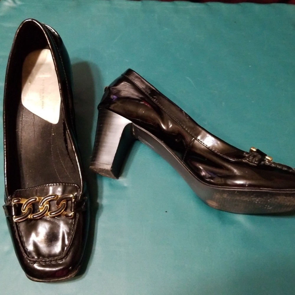 Black Patent Look Block Heels 9 M